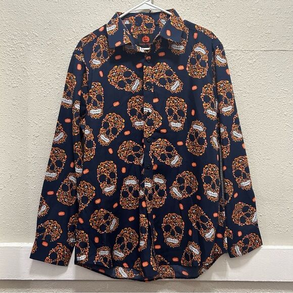 Simon Banks Blue and Orange Pumpkin Skull Print Mens Button Down L - Picture 1 of 7